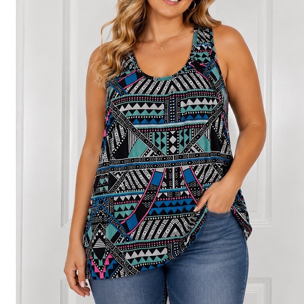 Xersion Womens 1X Activewear Tank Top Geometric Tribal Racerback Blue Pink Black